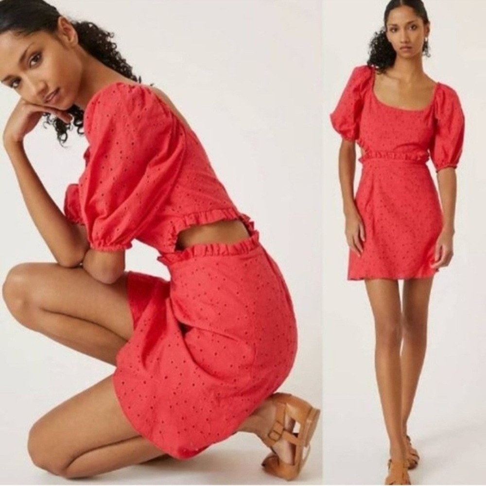 Hutch Coral Red Eyelet Cutout‎ Dress Short Puff Sleeve Size 10